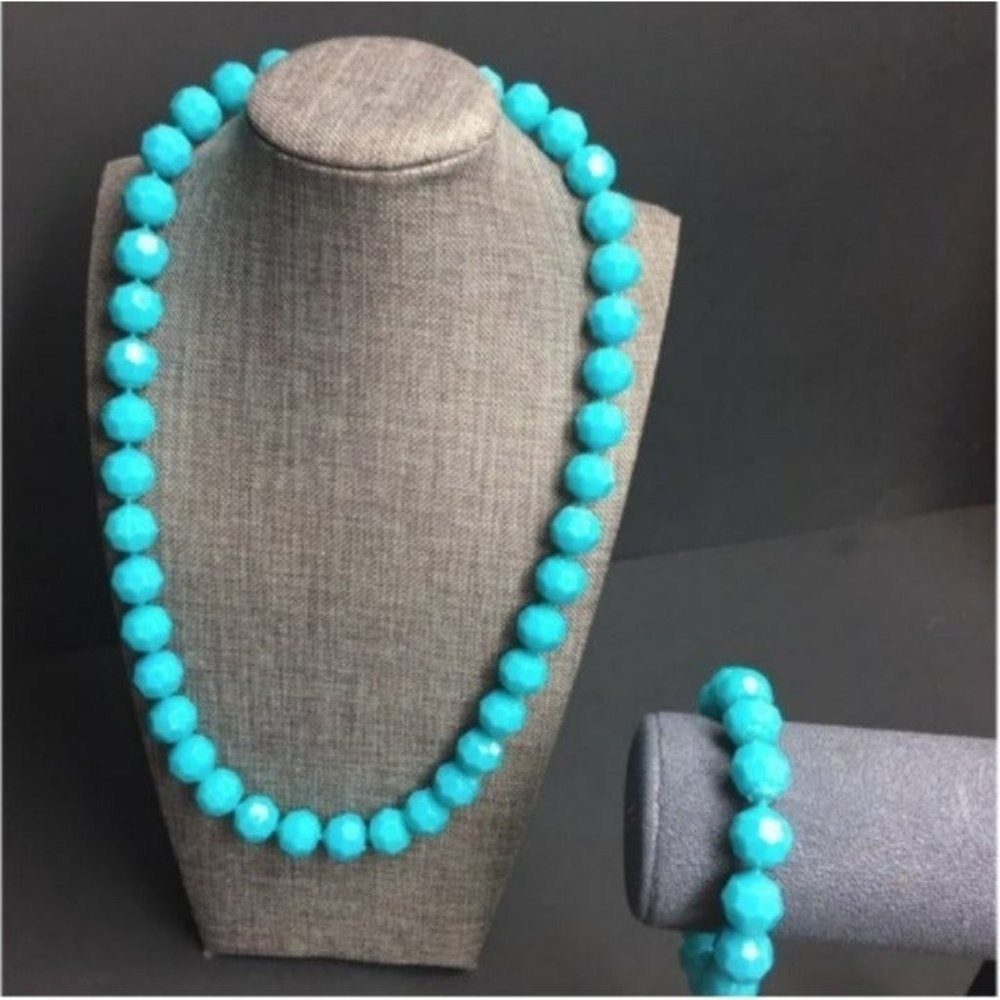 VTG Pop Bead Necklace Bracelet Light Blue Faceted Adjustable Retro